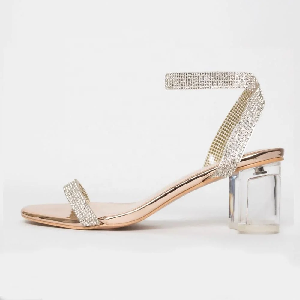 

Custom latest design crystal strap rhinestones embellishment women thick clear block heel sandal, Gold,silver