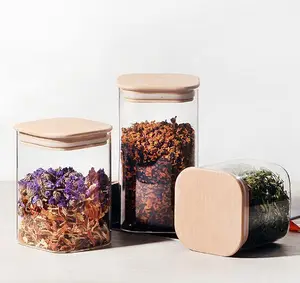 High quality square 550ml glass jar glass containers with bamboo lid