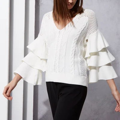 

Hot quality ladies fashion new style V neck twist ruffle flare sleeve white latest design ladies jumpers woman winter sweater, Whote latest design ladies sweater