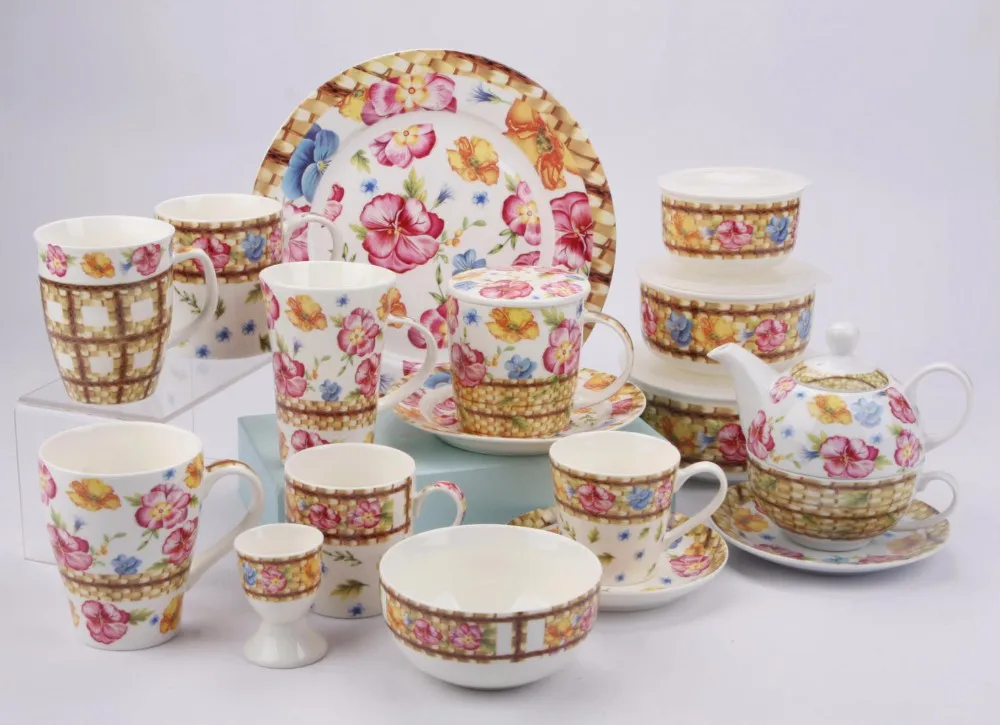 Italian Style Ceramic Dinnerware Set With Flower Painted Stoneware