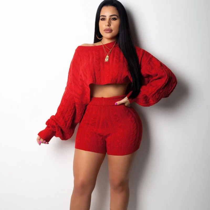 

2 Two Piece Set Women Clothing Outfits Long Sleeve Knit Sweater Tops + Bodycon Shorts Suit Sexy Matching Sets Y11122