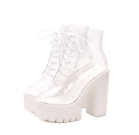 

B22415A Ladies High-end temperament Cross bandage high-heeled boots transparent sandals, White