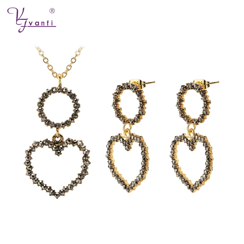 

Vanfi fashion pendant necklace and stud earrings set designer gold heart zinc alloy rhinestones jewelry set women