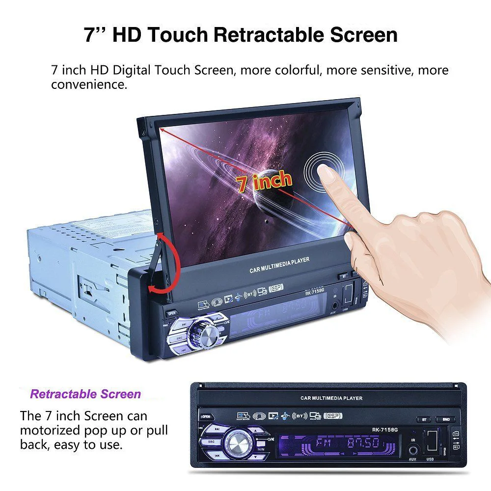 (EU Stock) Podofo Autoradio 1 Din Radio Car 7" HD Retractable Touch Screen BT SD FM USB Car MP5 Player   12LED Rear View Cam