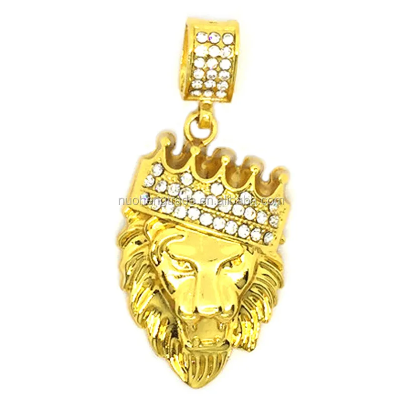 

Iced Out Gold King Crown Lion Head with Crystal Pendant Necklace Mens Hip Hop Jewelry Rock Punk Style Necklace Chain Gift