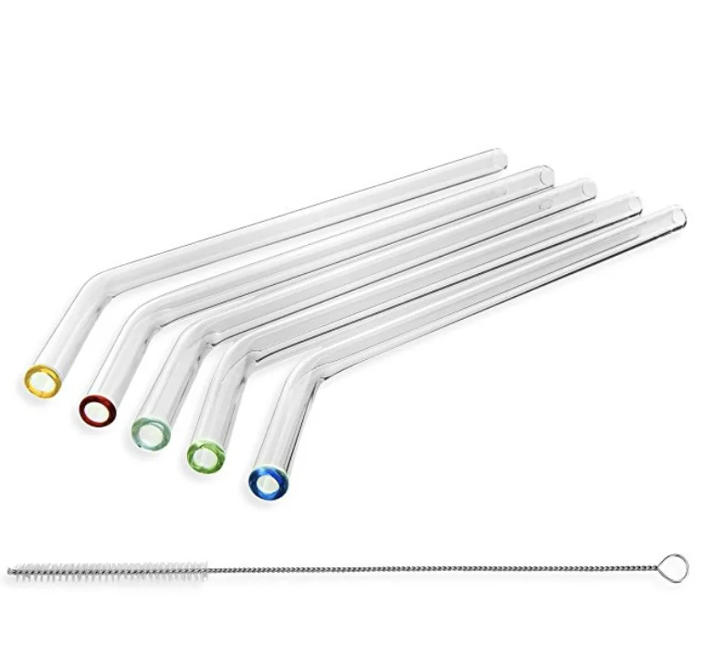 

Reusable Bent clear borosilicate glass drinking straw with color top