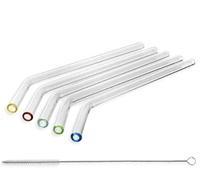 Image of Reusable Bent clear borosilicate glass drinking straw with color top