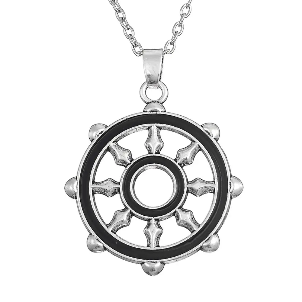 

Zinc Alloy Grey Enamel Link Chain Women and Men Buddhist Symbol Dharma Wheel Buddhistic Religious Pendant Necklace Jewelry, Antique silver,