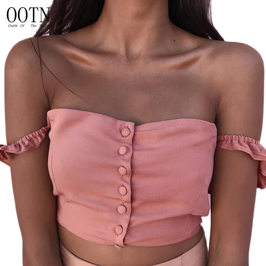 

OOTN Elastic Camisole Vest 2020 Summer Female Caims Slash Neck Ruffle Shirt, Women Off Shoulder Crop Top, Pink Cropped Tank Tops