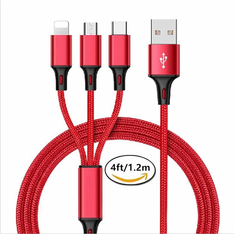 

Factory Wholesale nylon braided for iPhone+micro+type-c 3in1 multi usb charger cable (1.2M) , Android All Cellphones, Black;blue;red;silver;gold