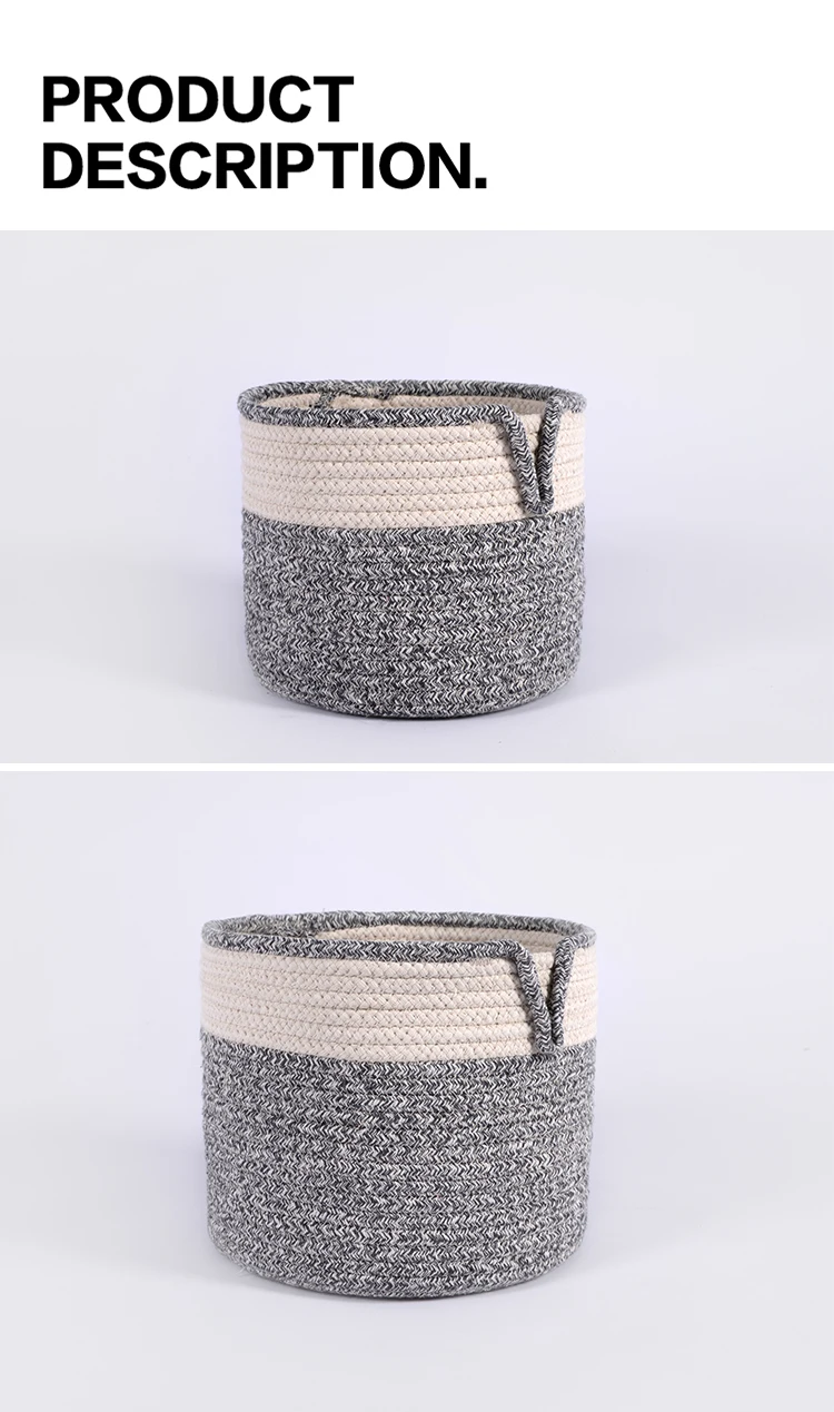 Wholesale handmade design decorative small woven grey cotton rope baskets for laundry plants storage