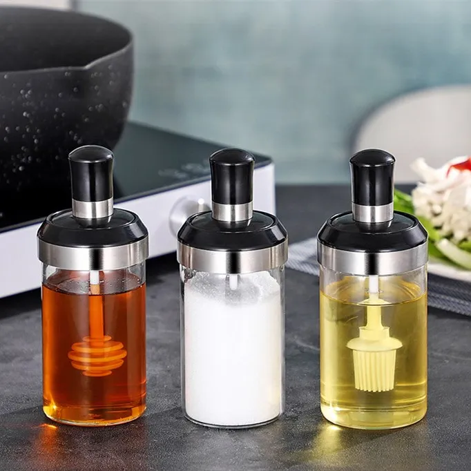 

Clear Seasoning Salt Bottle Glass Shaker Bottle Jam Spice Jar Container with Spoon Brush