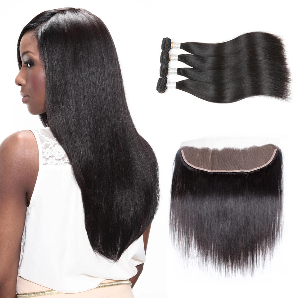 

Brazilian Virgin Human Hair Extensions Weave 3 silky straight Bundles with 1 lace closure,hair bundles with 13x4 lace closure