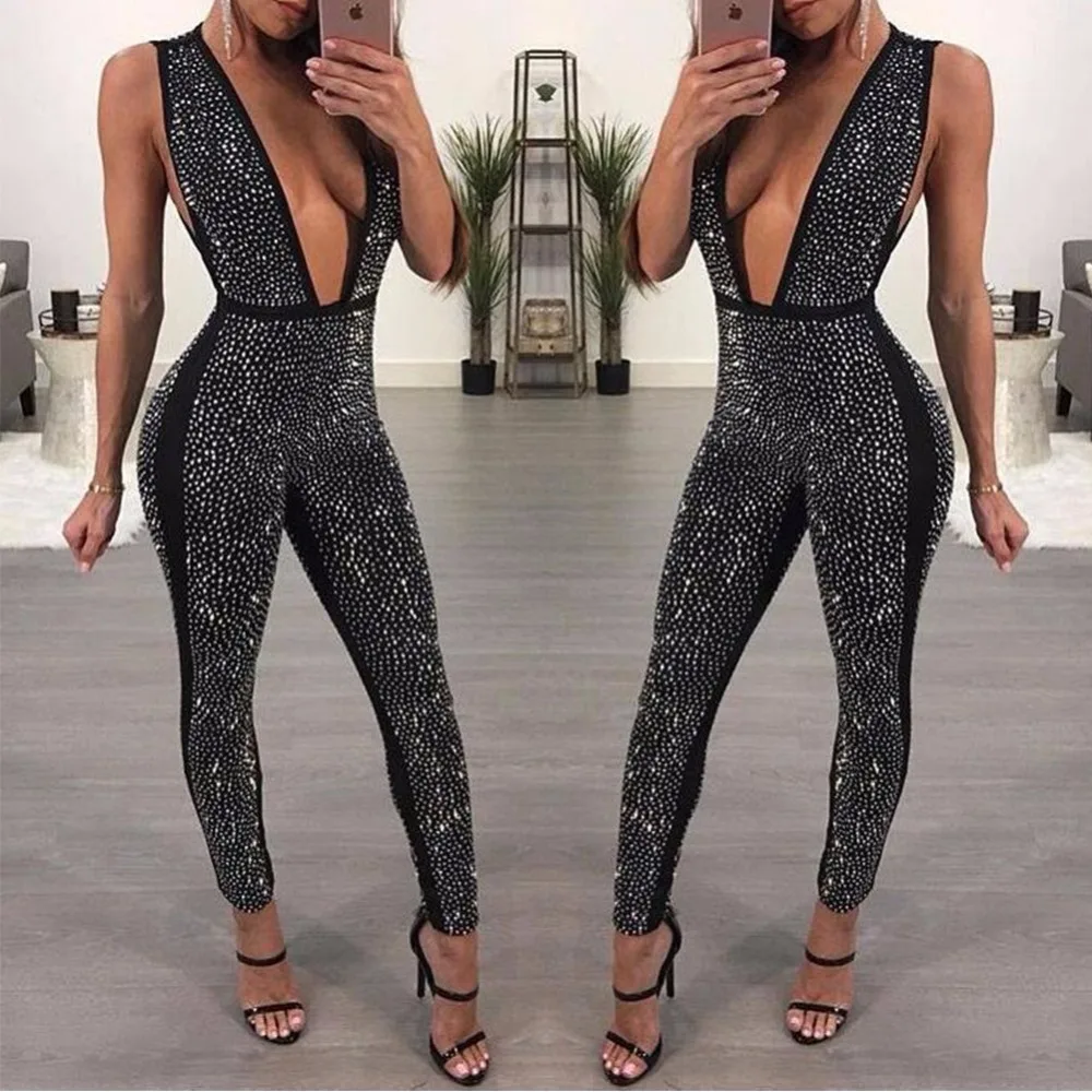 Sexy Deep V Neck Bodycon Jumpsuit With Beads Cover Rhinestones Jumpsuit Buy Bodycon Jumpsuit 