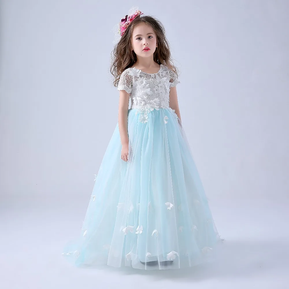

Light Blue Flower Girl Dresses With Butterfly Short Sleeves Ball Gown O-Neck First Girls Communion Gown Girls Pageant Dress, As the picture