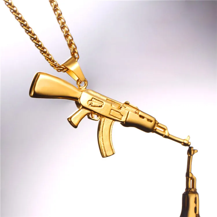 

U7 1Pc Free Shipping 316L Stainless Steel/18K Gold Plated Chain Hip Hop Jewelry Statement Gun AK47 Necklace