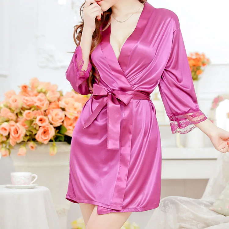 Wholesale women see through sexy lingerie satin silk kimono robe