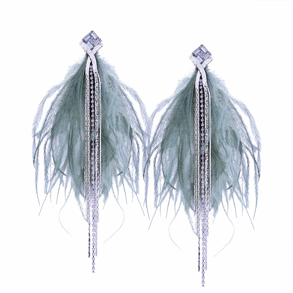 

2018 Wholesale Fashion Handmade Earrings Jewelry Accessory Long Rhinestone Feather Gold Plated Tassel Earrings For Women, White/pink/black/green