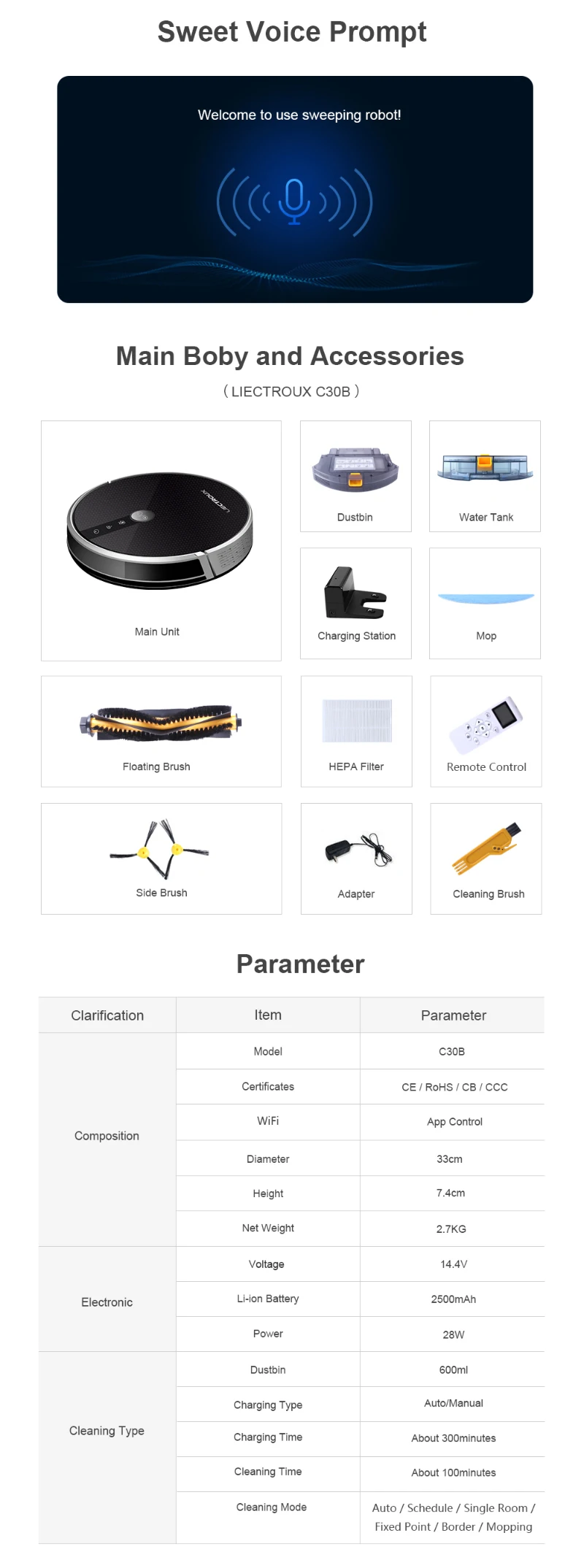 LIECTROUX Robot Vacuum Cleaner C30B, 3000Pa Suction,2D Map Navigation,with Memory,WiFi App,Electric Water Tank,Brushless Motor