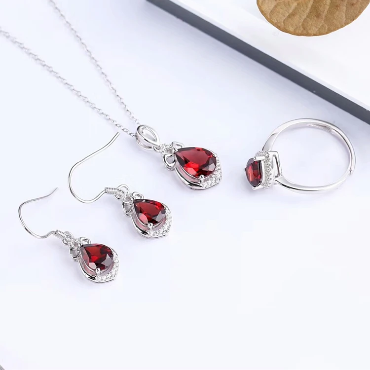 

wholesale trendy new style 925 silver zircon natural red garnet crystal women jewelry set