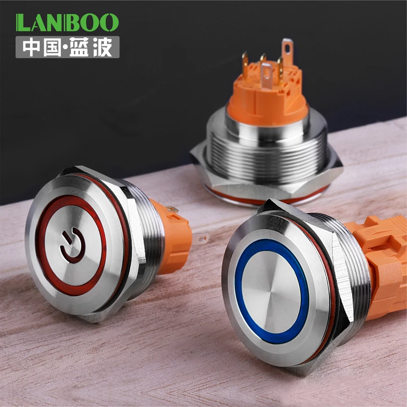 LANBOO Factory 28mm Push Button Switch on OFF 1NO1NC SPST or 2NO2NC DPDT Waterproof Switch with Led / without Led