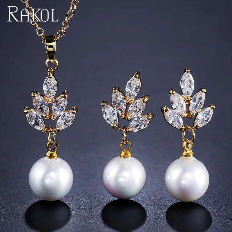 

RAKOL SP3005 simple design crystal leaf shape CZ zircon pearl pendant chain wedding bridal necklace earrings set, As picture