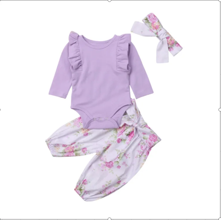 

Newborn Baby Girl Romper Tops Romper Jumpsuit Pants Headband Outfit infant 3Pcs cotton Clothes set, As picture