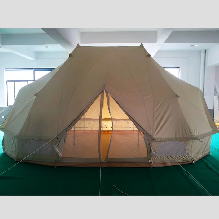 
4-Season Waterproof Cotton Canvas Large Family Camp Beige Color Bell Tent Hunting Wall Tent with Stove Holes 