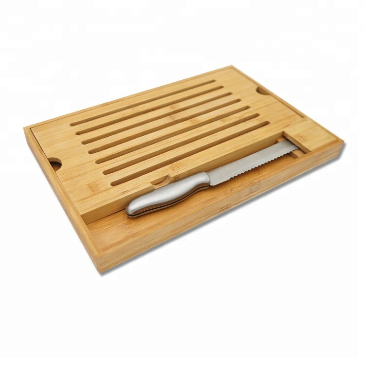 Removable Functional Bamboo Bread And Knife Block Set Cutting Board  With Bread Crumb Catcher