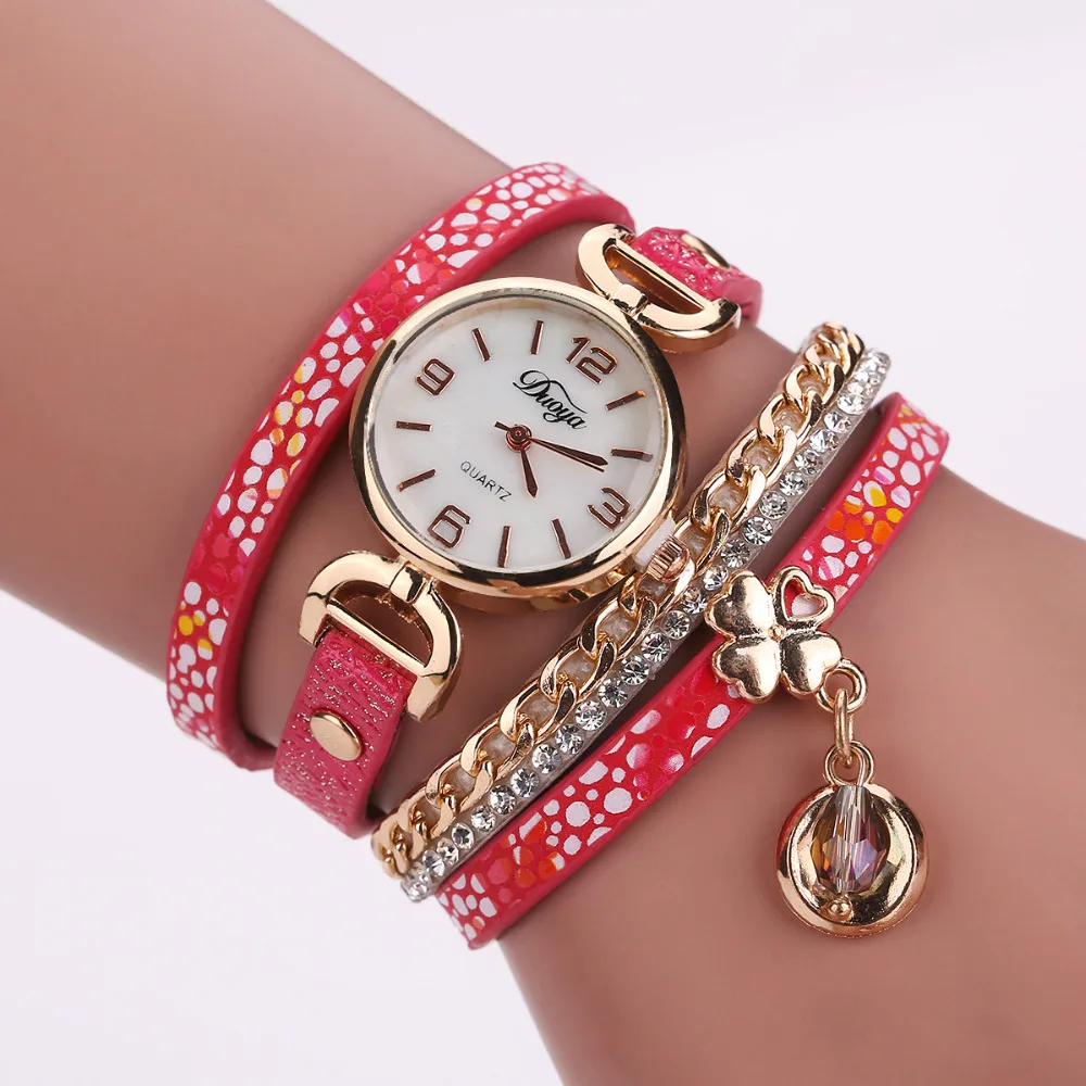 

Duoya Fashion Gold Bracelet Women Quartz Watch Rhinestone PU Leather Ladies Dress Watches Heart Luxury Wristwatch Lady Watch, Black;white;red