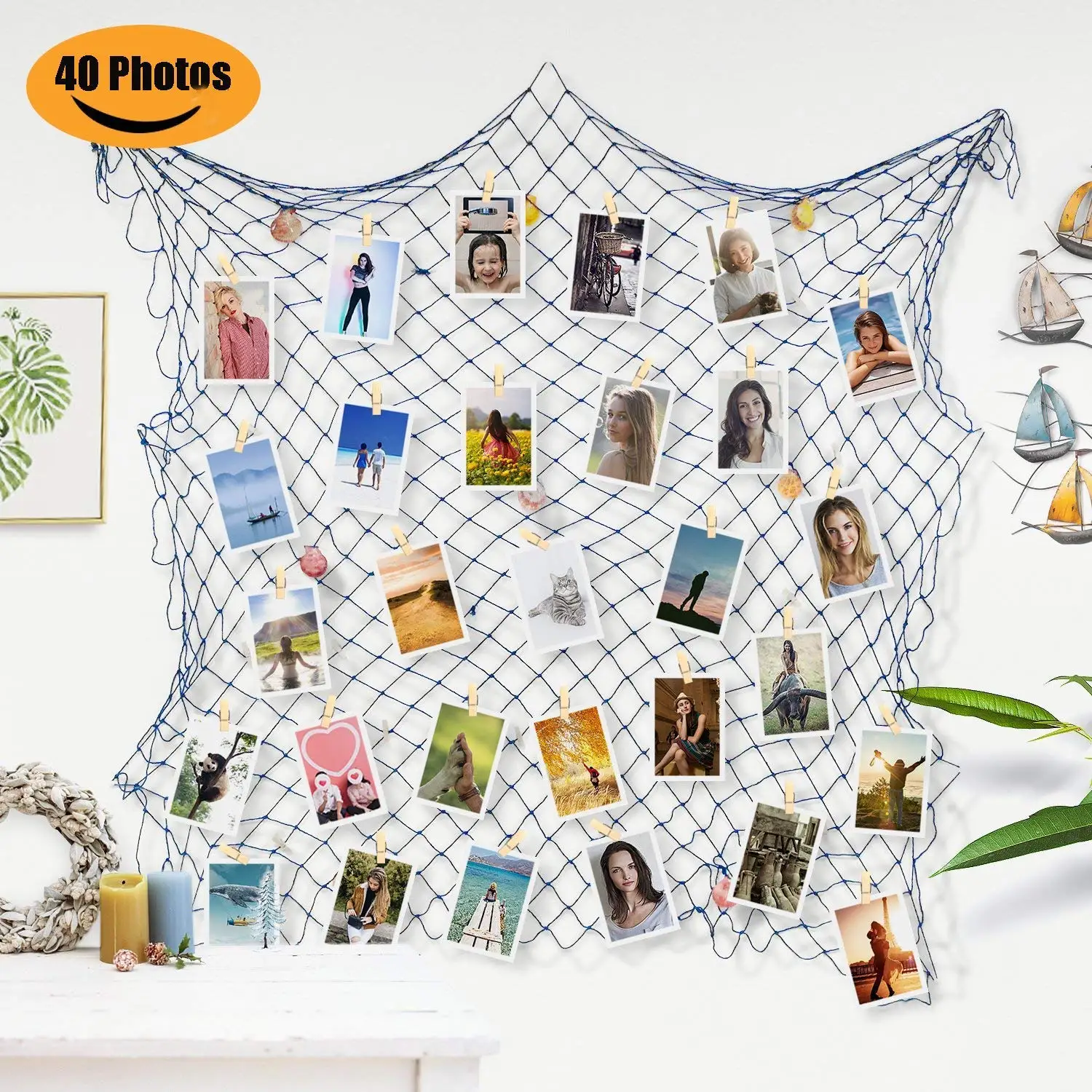 DGQ Photo Hanging Photo Display Frames 79 x 40inch DIY Picture Frames Collage Set Mediterranean Fishing Net Wall Decorations with 40 Clips for Hanging Photos Prints and Artwork