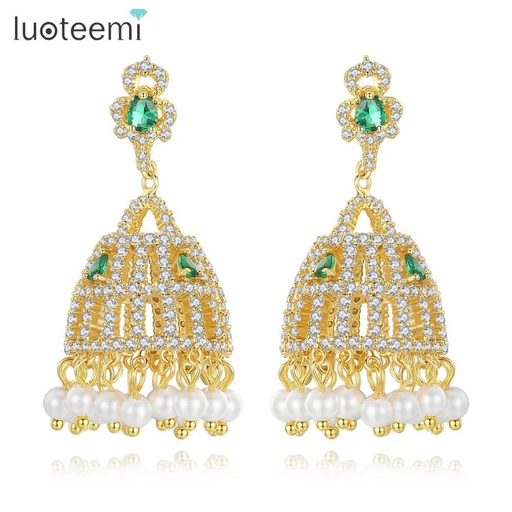 

LUOTEEMI March New Arrival Fashion Indian Ethnic Gold Color Cubic Zirconia Paved Luxury Jhumki Drop Earrings