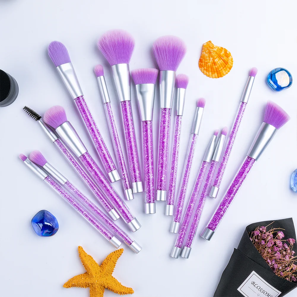 

2019 Eco-friendly professional makeup brushes 15pcs purple crystal handle sliver ferrule foundation eyeshadow makeup brushes set, N/a