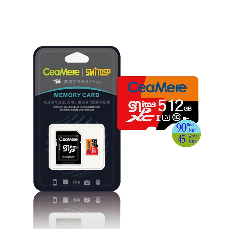 Ceamere Wholesale Fast Speed MicroSDXC TF Card 512GB  w Adapter Class 10 UHS-3  Full Capacity Micros SD Card 512GB
