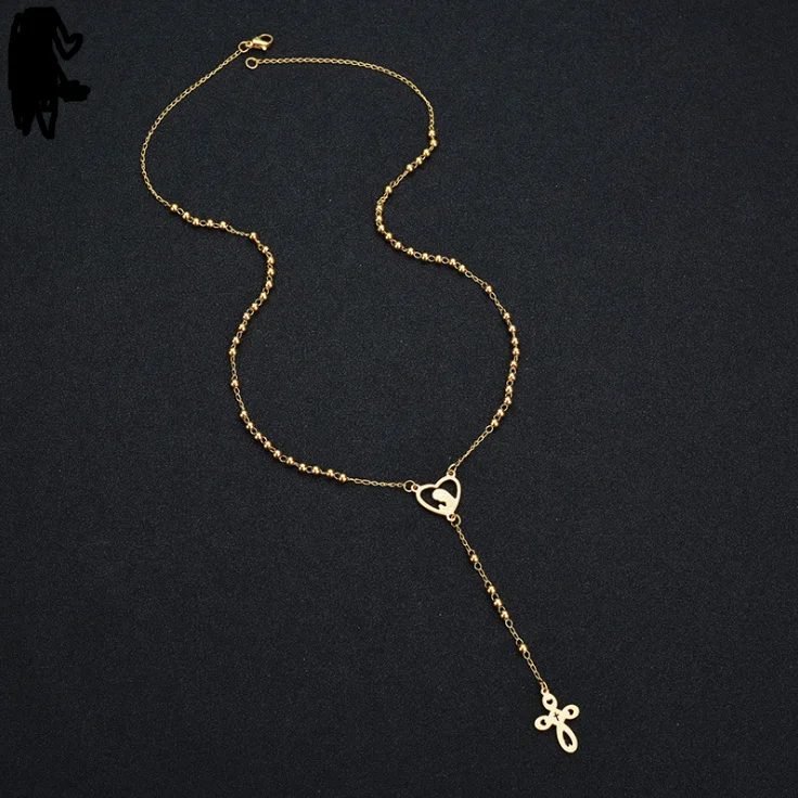 52cm gold plated Virgin Mary Jesus Cross rosary necklace catholic