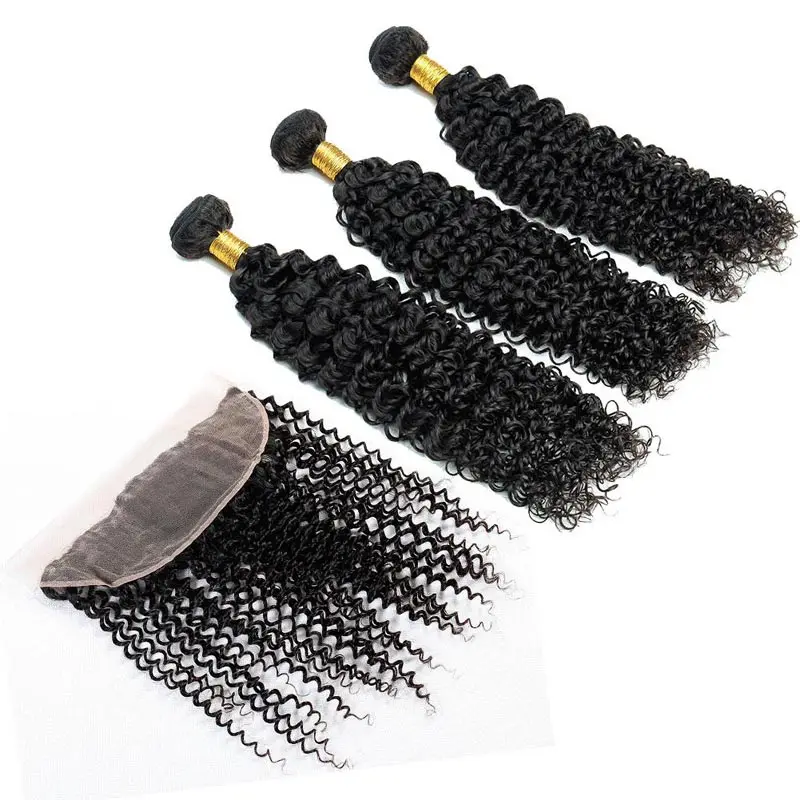 

Wholesale 3 bundles with frontals 20inch natural color kinky curly mongolian human hair weave