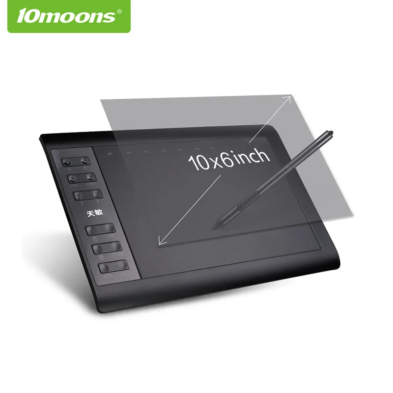 

10moons 10*6 Inch Professional 8192 Levels No need charge Pen Tablet digital Graphic drawing Tablet, Black
