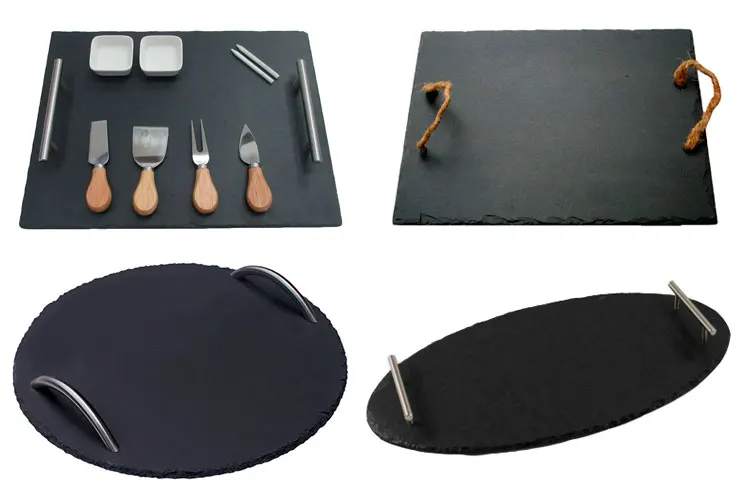 New Design Rock Serving Handle Cheap Black Natural Hotel Garden Products Slate Food Tray With Chilli Handles