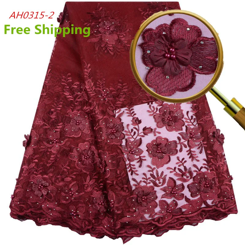 

1542 Free Shipping Wine Red Color Lace Fabric 3D Flower Lace Fabric African, Cupion