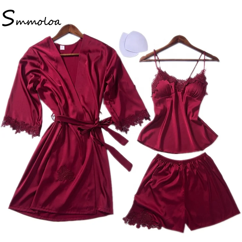 

Smmoloa Female Silk Pyjamas Women 3 Piece Sets Satin Pajama New, As picture