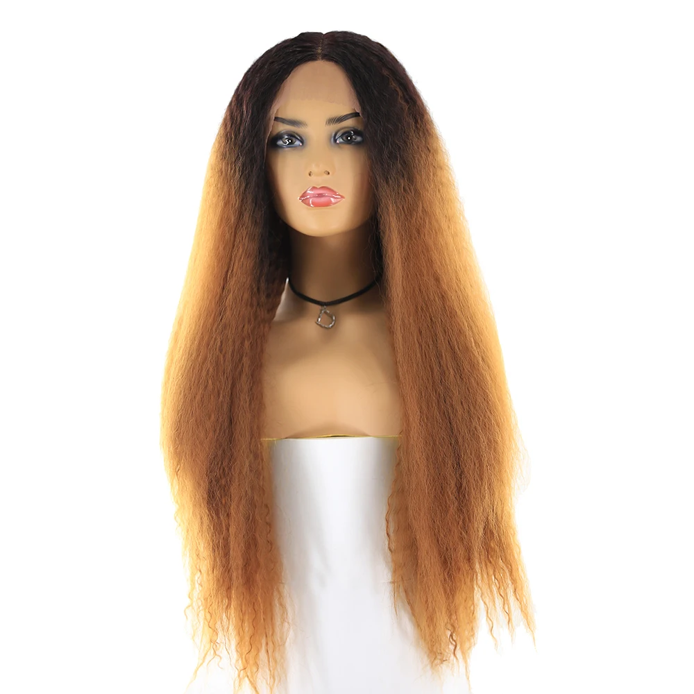 

X-TRESS 26inch Long Kinky Straight Synthetic Hair Lace Wigs For Women Ombre Brown Color Lace Front Wig With Natural Hairline