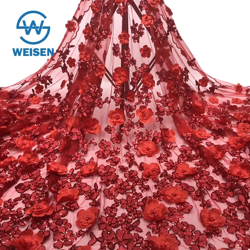 

Bridal Flower Petal Floral Sequin Embroidery African Organza Red 3D Lace Fabric