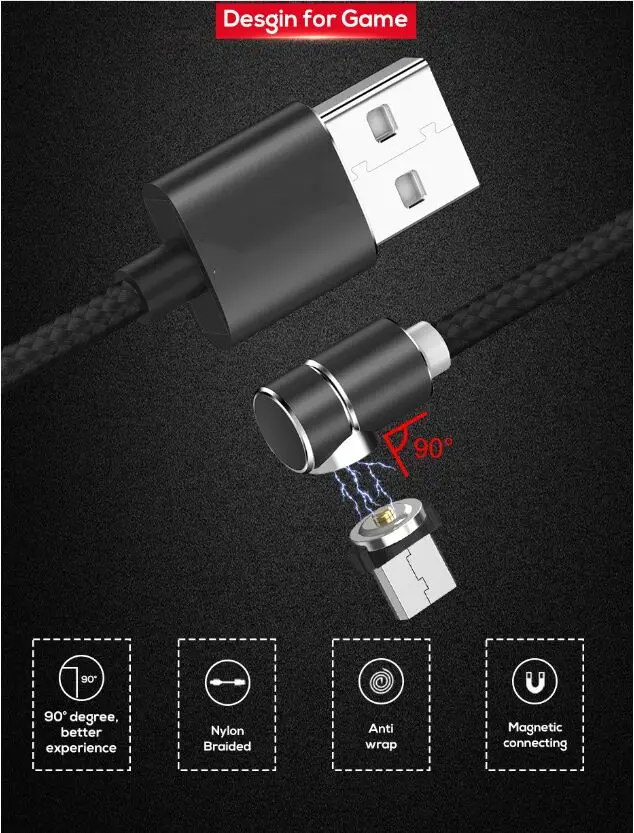 Hot Selling 90 Degree Elbow Magnetic Micro USB Charger Cable 3 In 1 LED Light Fast Charging USB Cable