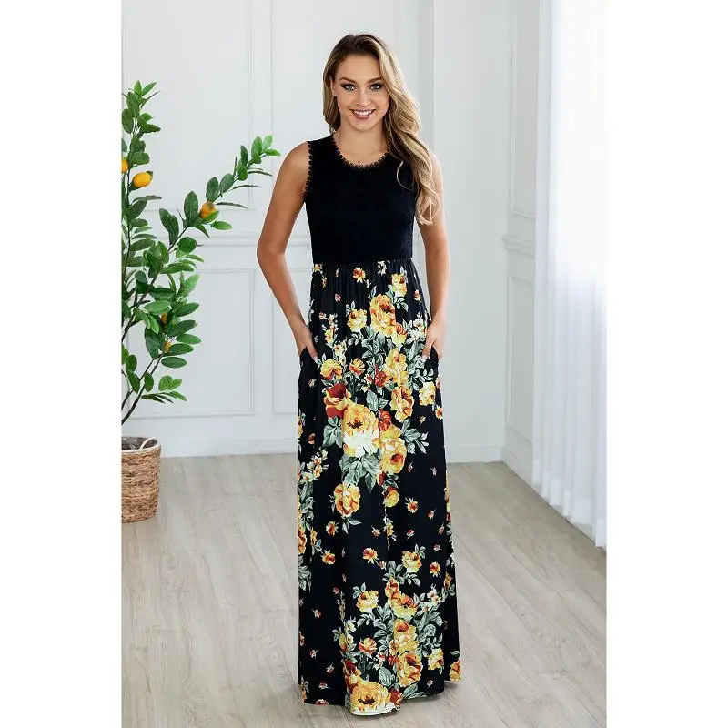 

Round Neck Sleeveless Casual Dresses Women Summer Long Floral Lace Maxi Dress With Pockets, Black , navy blue