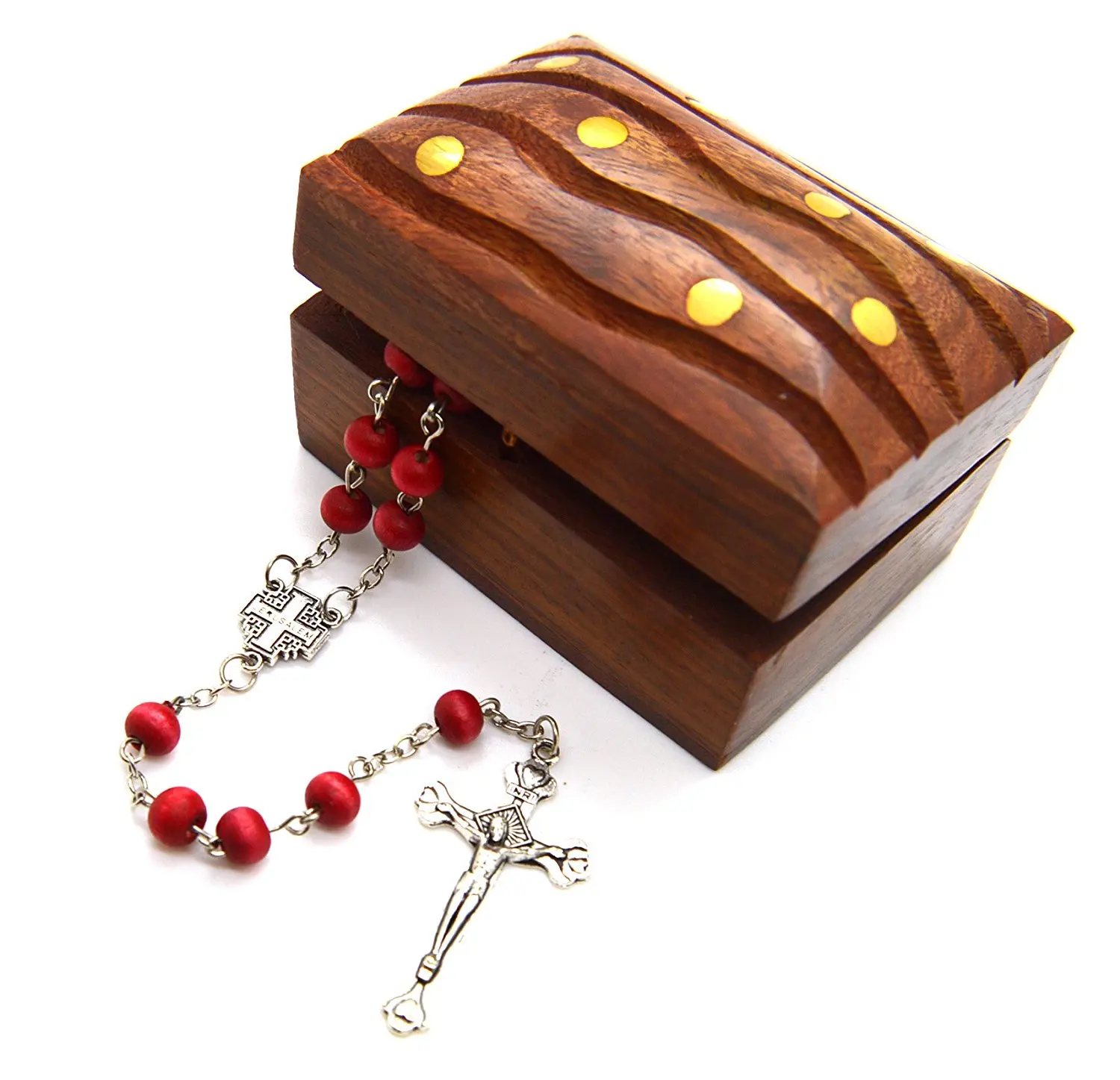 Jerusalem Cross Rose Petal Scented Wood Carved Rosary 6 Mm Bead and Wooden Hand Carved Rosary Box