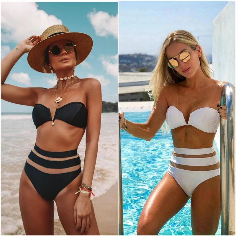 

Free Shipping Bikini Manufacturer Girl Sexy Swimwear Women White and Black Mesh Joint Swimsuit 2019