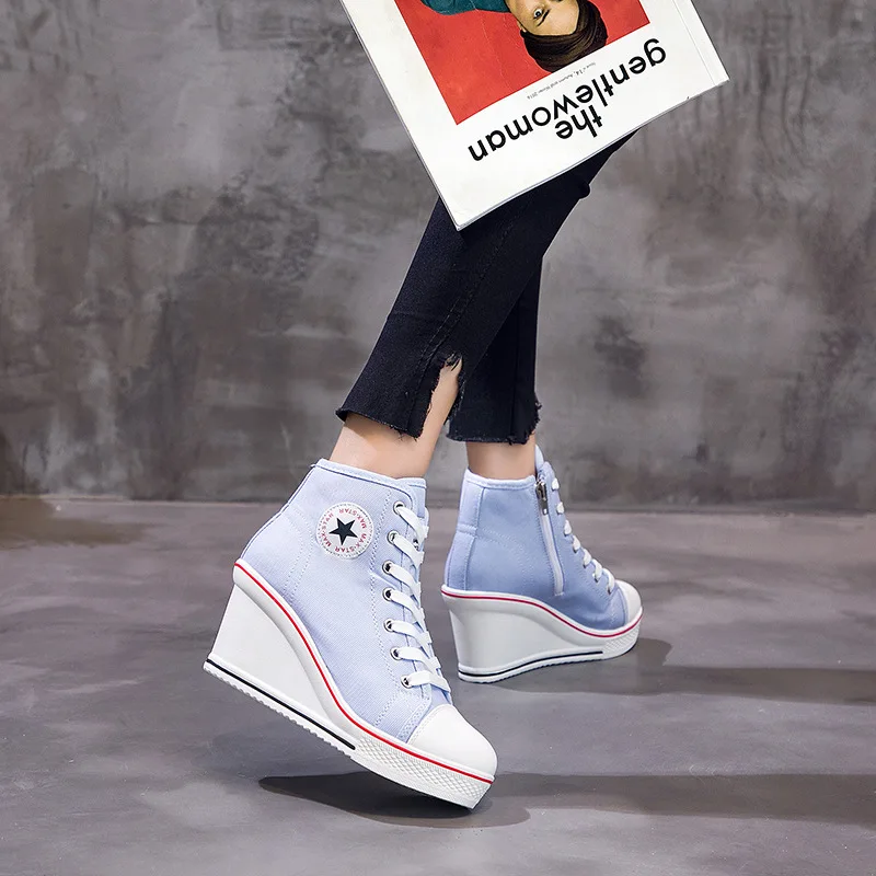 

Custom High Heel Jeans Canvas Shoes Casual Zipper Wedges Sneakers For Women, Green or customized