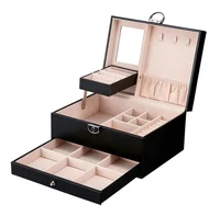 

Wholesale OEM Mirror Black Leather Jewelry Storage Box Organizer Gift Packaging Box with Lock Drawer For Ring Earring Necklace