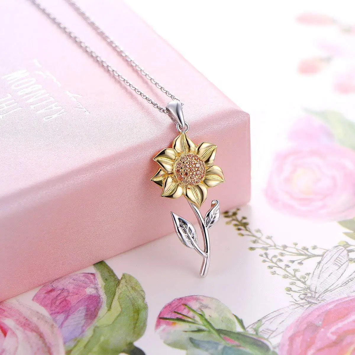 Gold silver two tone pendant sunflower shaped necklace