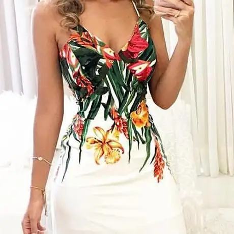 

Summer Fragmented Sleeveless Dress with V-collar Orientation Printed for Women